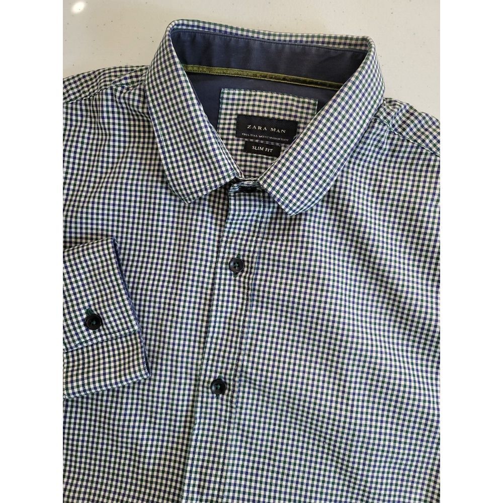 Zara Men's Blue and White Checkered Casual Button Down Shirt